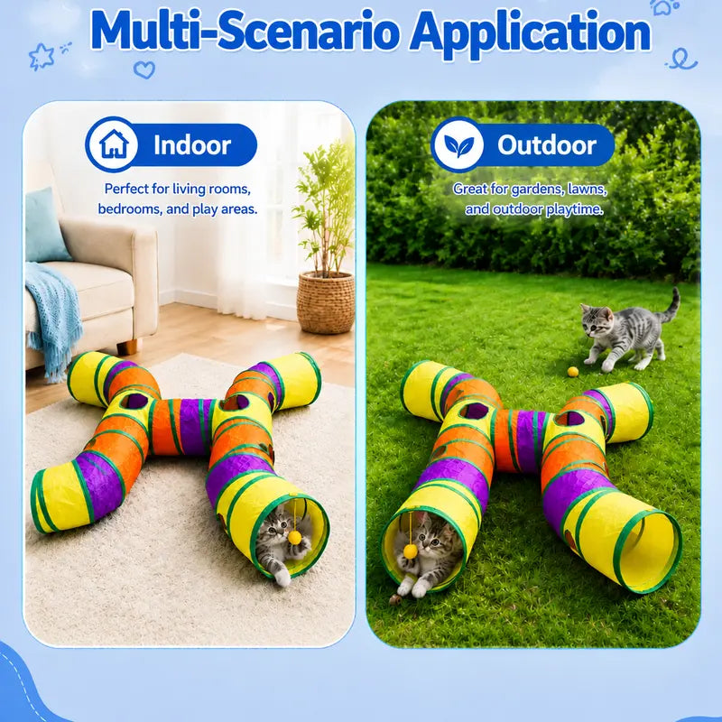 14-Way Interactive H-Shape Cat Tunnel with Peek Holes and Ball - Foldable Play Toy for Cats, Rabbits, Ferrets, and Small Pets