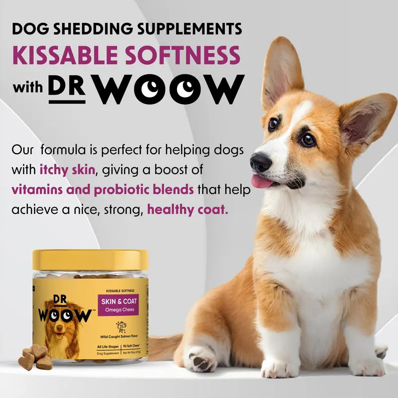 Dr Woow Dog Fur and Skin Care Soft Chews - High-Protein Salmon Flavor Treats with Biotin + Zinc & Vitamins, Supports Shiny Coat, Reduces Dryness, Boosts Healthy Skin
