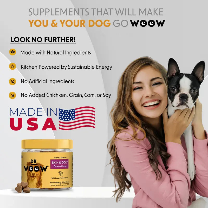 Dr Woow Dog Fur and Skin Care Soft Chews - High-Protein Salmon Flavor Treats with Biotin + Zinc & Vitamins, Supports Shiny Coat, Reduces Dryness, Boosts Healthy Skin