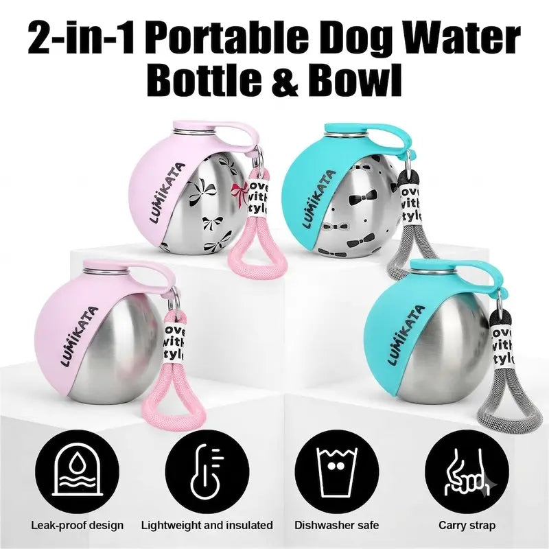 Lumikata 2-In-1 Portable Dog Water Bottle - 10Oz Stainless Steel, Silicone Foldable Bowl Mode, Leak-Proof Water Ball, Small Dog Walking & Pet Feeding Supplies, Water Bottles