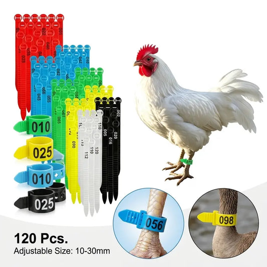 120-Pack Adjustable Plastic Poultry Leg Bands with Snap Closure for Chickens, Ducks, and Geese - Numbered 001-120, Colorful Reusable ID Tagging Straps (10-30mm)