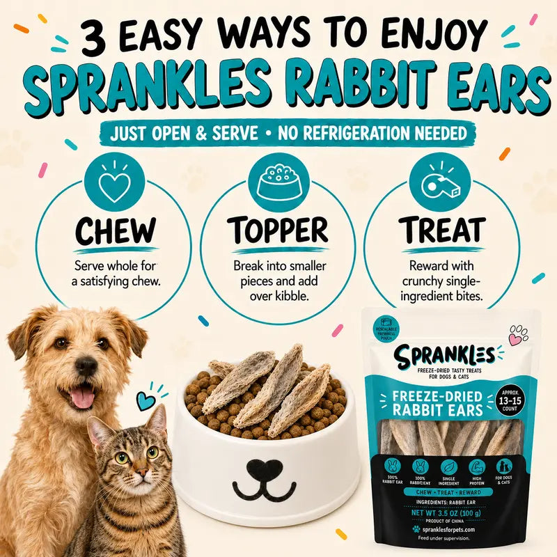 Sprankles Freeze-Dried Rabbit Ears Treats for Dogs and Cats, 3.5 Oz - High-Protein Single-Ingredient Chew
