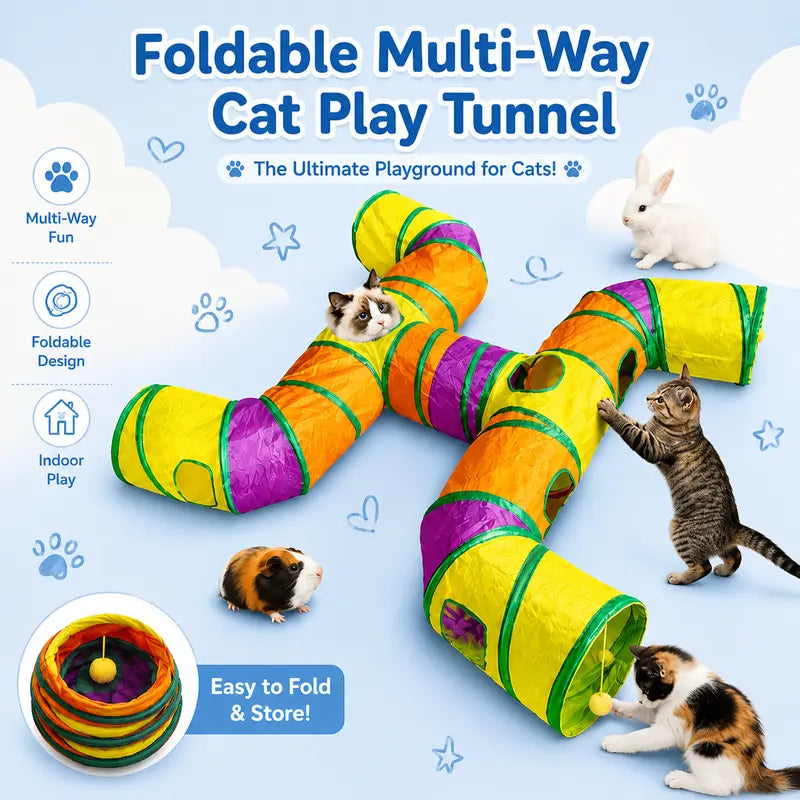 14-Way Interactive H-Shape Cat Tunnel with Peek Holes and Ball - Foldable Play Toy for Cats, Rabbits, Ferrets, and Small Pets