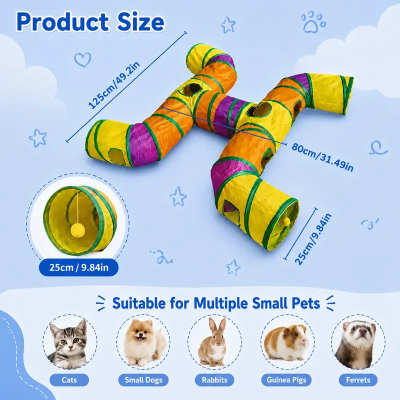 14-Way Interactive H-Shape Cat Tunnel with Peek Holes and Ball - Foldable Play Toy for Cats, Rabbits, Ferrets, and Small Pets