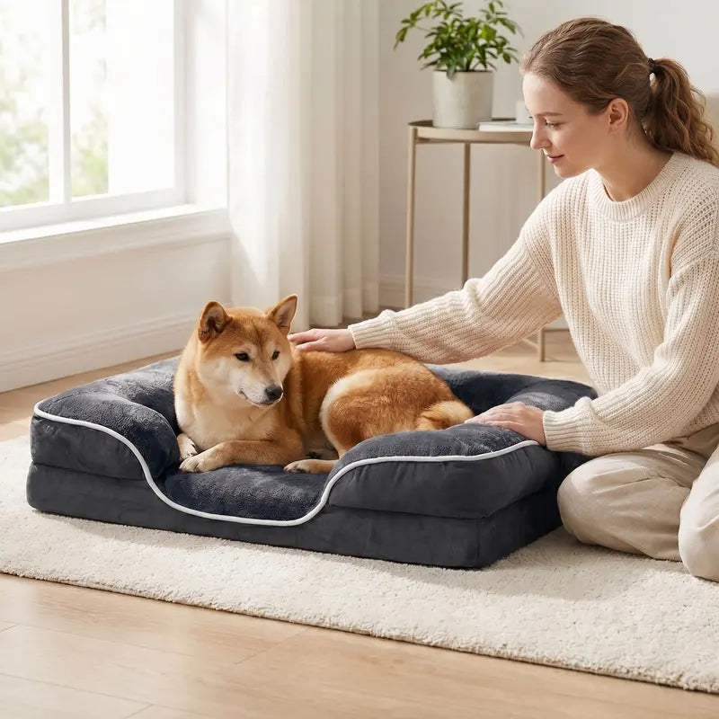 Sweetcrispy Large Orthopedic Memory Foam Dog Sofa Bed with 3-Sided Bolsters, Waterproof Detachable Cover, Non-Slip Base, and Enhanced Joint Relief - 20" L x 24" W x 8" H