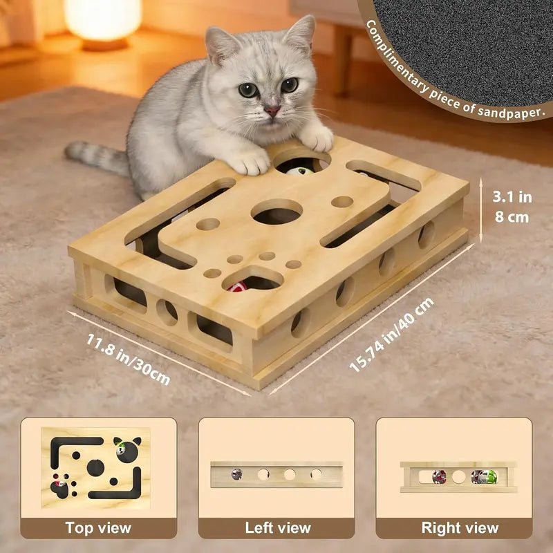 LIVANIRA Universal Wooden Cat Scratch & File Enrichment Box - Claw Care Puzzle Toy with Replaceable Filing Pad, Large Scratch Area, Treat Openings, 3 Toy Balls for Indoor Cats