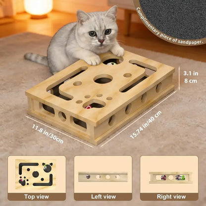 LIVANIRA Universal Wooden Cat Scratch & File Enrichment Box - Claw Care Puzzle Toy with Replaceable Filing Pad, Large Scratch Area, Treat Openings, 3 Toy Balls for Indoor Cats