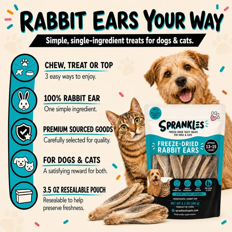 Sprankles Freeze-Dried Rabbit Ears Treats for Dogs and Cats, 3.5 Oz - High-Protein Single-Ingredient Chew