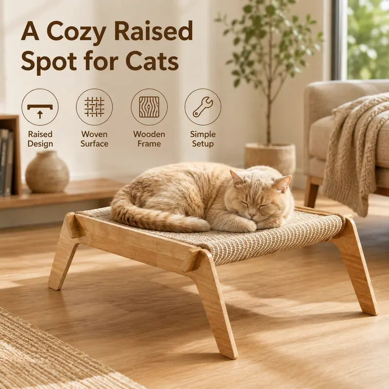Solid Wood Elevated Pet Bed Cot for Cats & Small Dogs - Cooling Breathable Woven Mat, Ventilation, No-Tool No-Screw Easy Assembly, Durable, Stable, Everyday Use