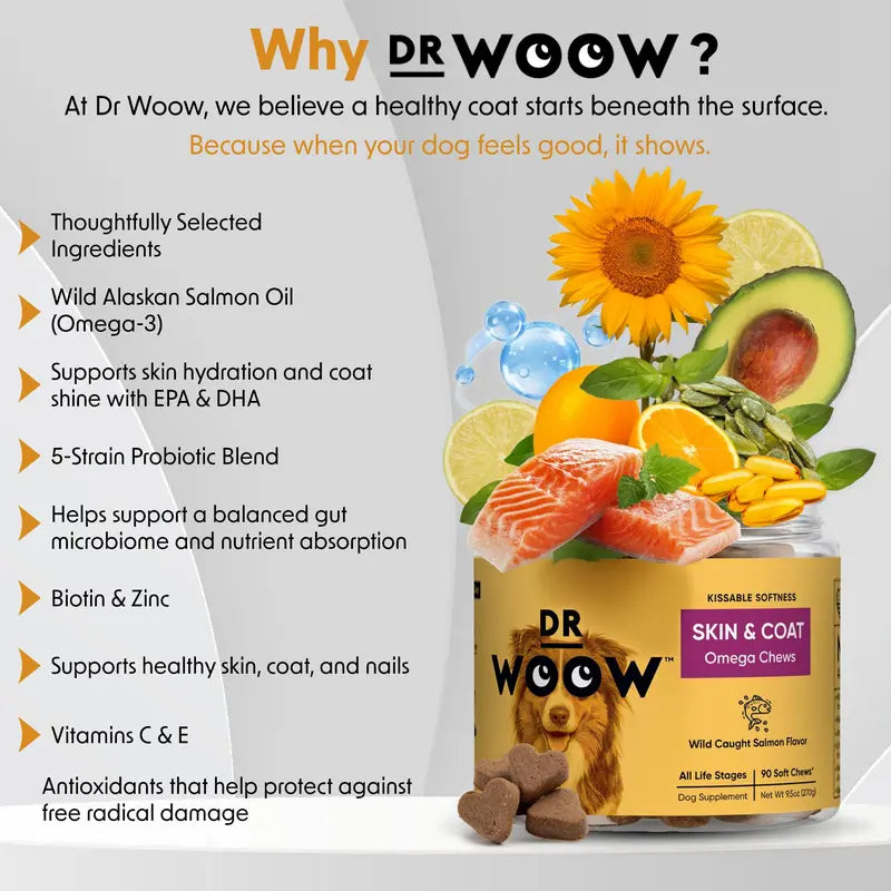 Dr Woow Dog Fur and Skin Care Soft Chews - High-Protein Salmon Flavor Treats with Biotin + Zinc & Vitamins, Supports Shiny Coat, Reduces Dryness, Boosts Healthy Skin