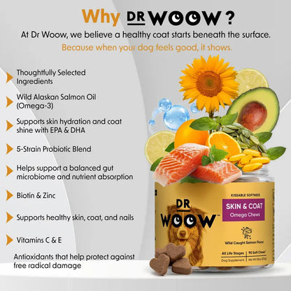 Dr Woow Dog Fur and Skin Care Soft Chews - High-Protein Salmon Flavor Treats with Biotin + Zinc & Vitamins, Supports Shiny Coat, Reduces Dryness, Boosts Healthy Skin