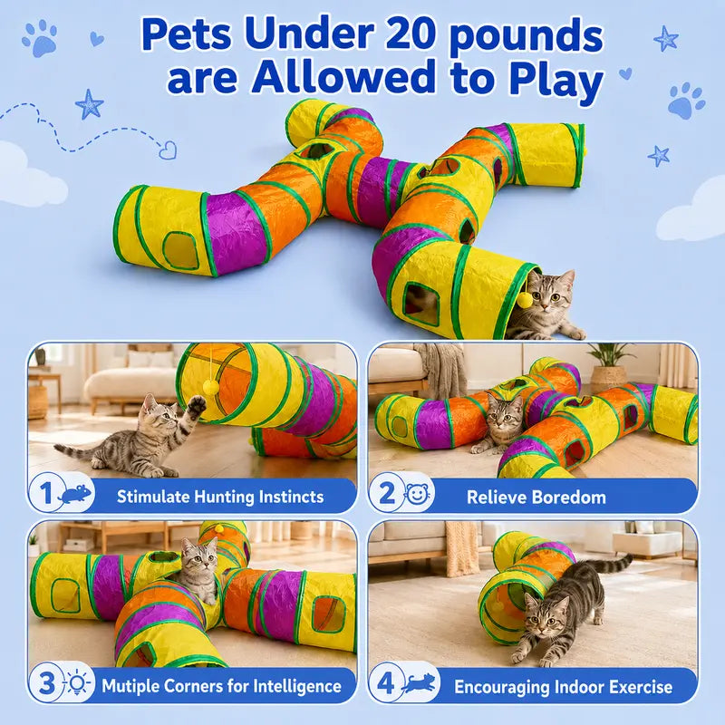 14-Way Interactive H-Shape Cat Tunnel with Peek Holes and Ball - Foldable Play Toy for Cats, Rabbits, Ferrets, and Small Pets