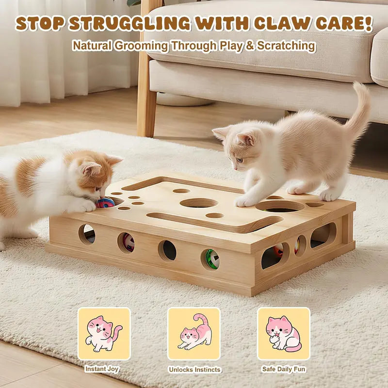 LIVANIRA Universal Wooden Cat Scratch & File Enrichment Box - Claw Care Puzzle Toy with Replaceable Filing Pad, Large Scratch Area, Treat Openings, 3 Toy Balls for Indoor Cats