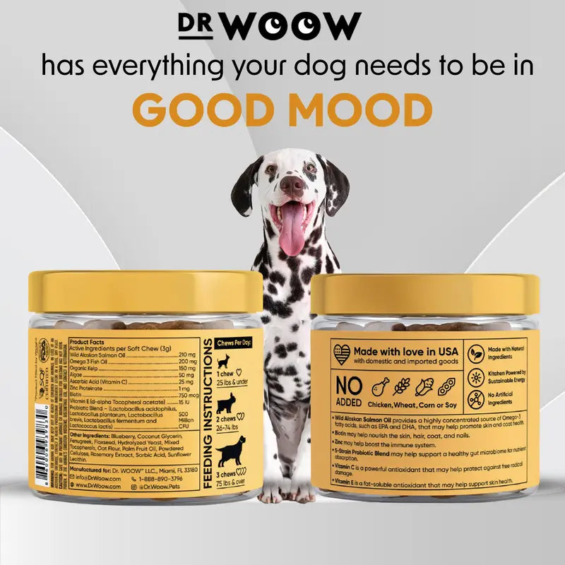 Dr Woow Dog Fur and Skin Care Soft Chews - High-Protein Salmon Flavor Treats with Biotin + Zinc & Vitamins, Supports Shiny Coat, Reduces Dryness, Boosts Healthy Skin