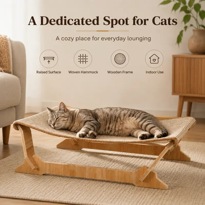 Solid Wood Elevated Pet Bed Cot for Cats & Small Dogs - Cooling Breathable Woven Mat, Ventilation, No-Tool No-Screw Easy Assembly, Durable, Stable, Everyday Use