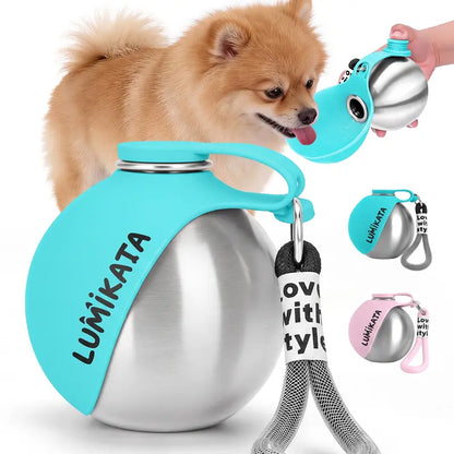 Lumikata 2-In-1 Portable Dog Water Bottle - 10Oz Stainless Steel, Silicone Foldable Bowl Mode, Leak-Proof Water Ball, Small Dog Walking & Pet Feeding Supplies, Water Bottles