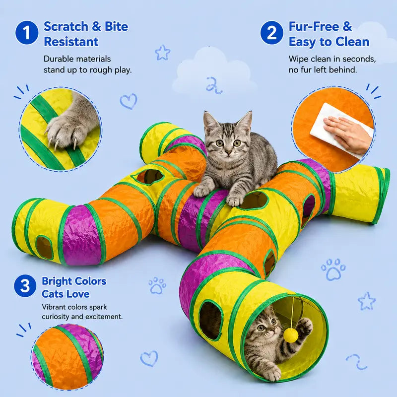 14-Way Interactive H-Shape Cat Tunnel with Peek Holes and Ball - Foldable Play Toy for Cats, Rabbits, Ferrets, and Small Pets