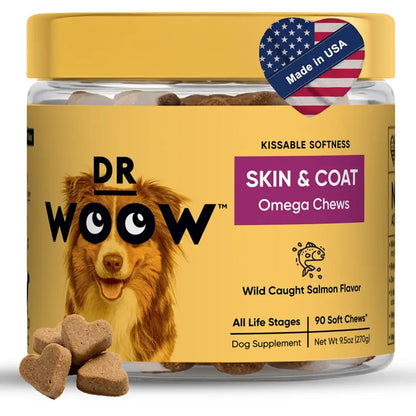 Dr Woow Dog Fur and Skin Care Soft Chews - High-Protein Salmon Flavor Treats with Biotin + Zinc & Vitamins, Supports Shiny Coat, Reduces Dryness, Boosts Healthy Skin