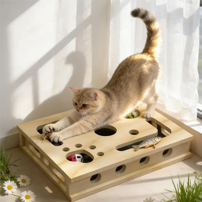 LIVANIRA Universal Wooden Cat Scratch & File Enrichment Box - Claw Care Puzzle Toy with Replaceable Filing Pad, Large Scratch Area, Treat Openings, 3 Toy Balls for Indoor Cats