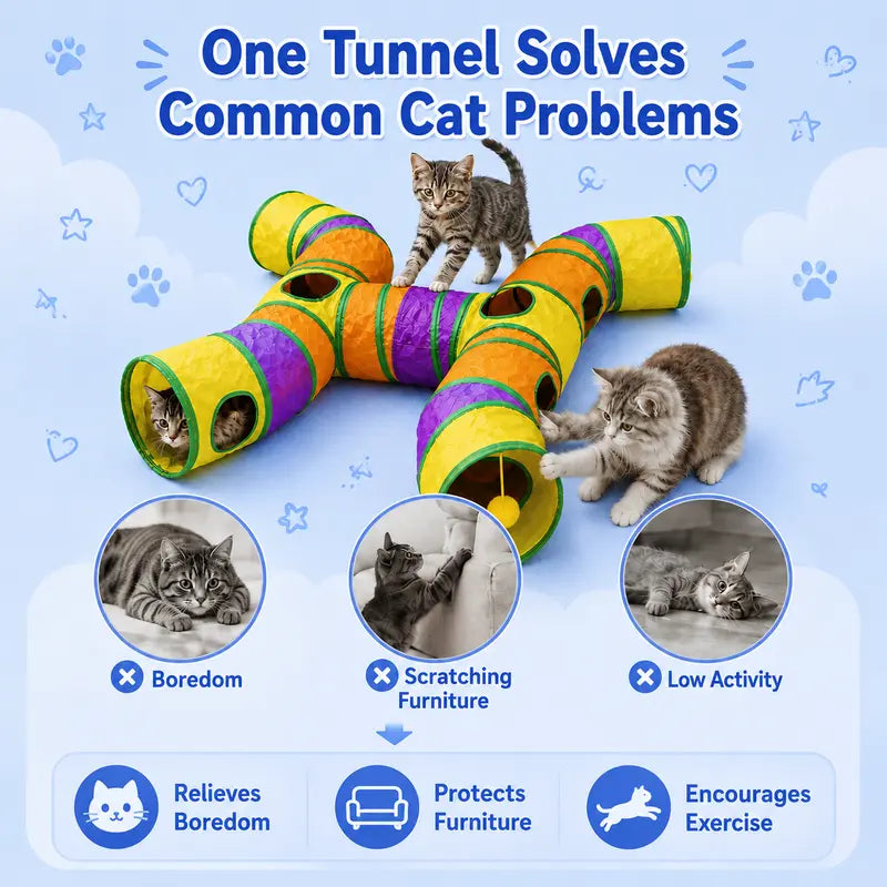 14-Way Interactive H-Shape Cat Tunnel with Peek Holes and Ball - Foldable Play Toy for Cats, Rabbits, Ferrets, and Small Pets