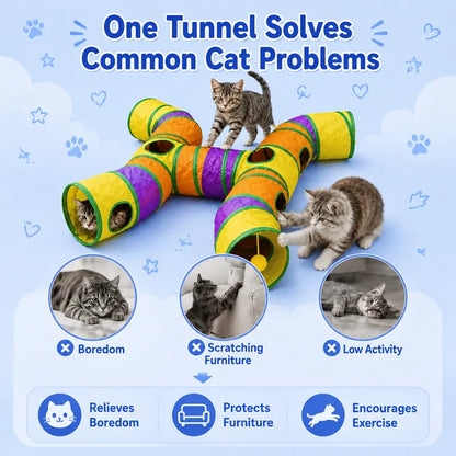 14-Way Interactive H-Shape Cat Tunnel with Peek Holes and Ball - Foldable Play Toy for Cats, Rabbits, Ferrets, and Small Pets