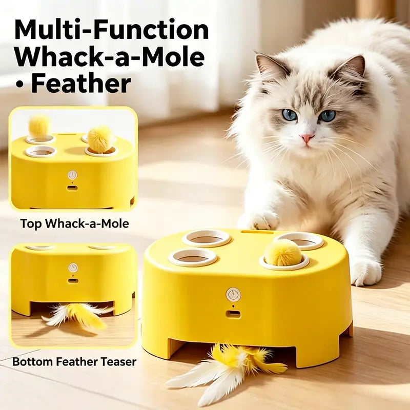 3-in-1 Rechargeable Interactive Cat Toy: Whack-A-Mole and Feather Teaser for Engaging Indoor Play