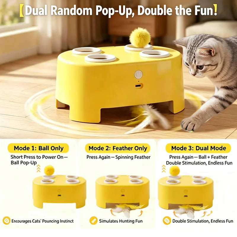 3-in-1 Rechargeable Interactive Cat Toy: Whack-A-Mole and Feather Teaser for Engaging Indoor Play