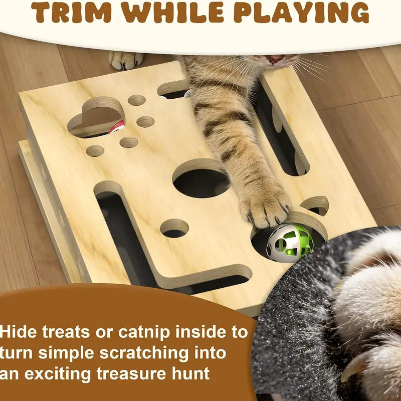 LIVANIRA Universal Wooden Cat Scratch & File Enrichment Box - Claw Care Puzzle Toy with Replaceable Filing Pad, Large Scratch Area, Treat Openings, 3 Toy Balls for Indoor Cats