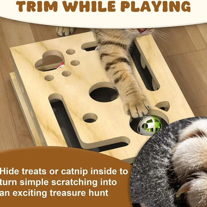 LIVANIRA Universal Wooden Cat Scratch & File Enrichment Box - Claw Care Puzzle Toy with Replaceable Filing Pad, Large Scratch Area, Treat Openings, 3 Toy Balls for Indoor Cats