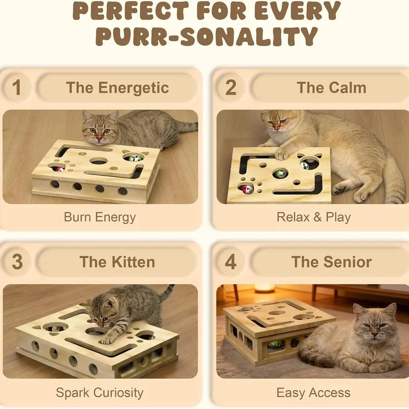 LIVANIRA Universal Wooden Cat Scratch & File Enrichment Box - Claw Care Puzzle Toy with Replaceable Filing Pad, Large Scratch Area, Treat Openings, 3 Toy Balls for Indoor Cats